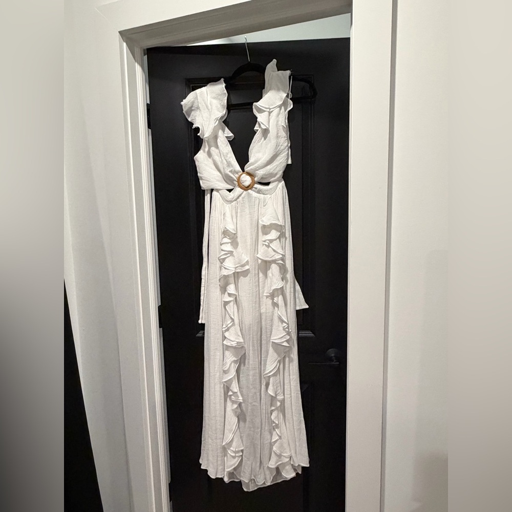 Elegant White Cutout Ruffle Maxi Dress